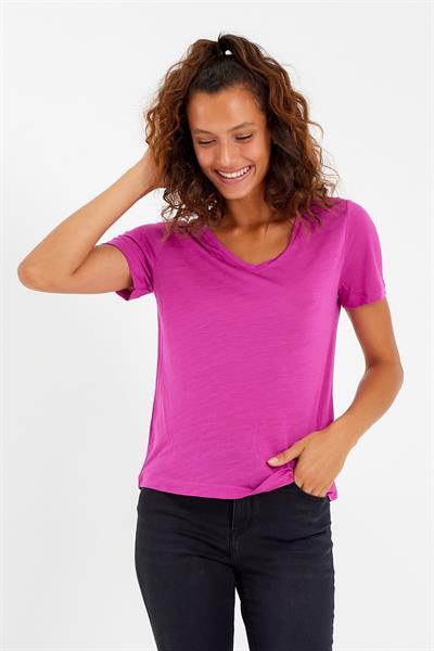 Kadın Modal Kumaş V Yaka Parçalı T-shirt Fuşya