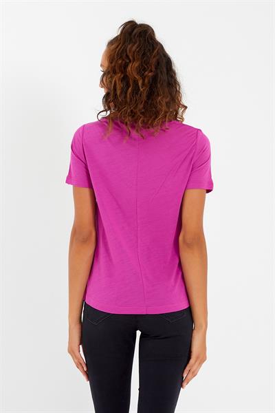 Kadın Modal Kumaş V Yaka Parçalı T-shirt Fuşya
