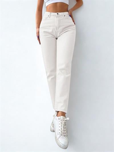 Kadın Mom Fit Jeans Kot Pantolon Beyaz
