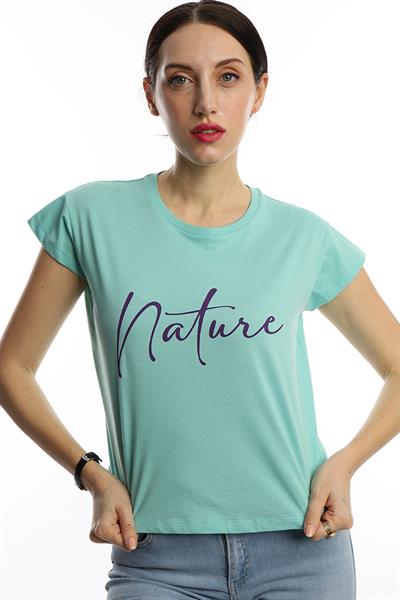 Kadın Nature Yazı Baskılı Crop Tişört Turkuaz
