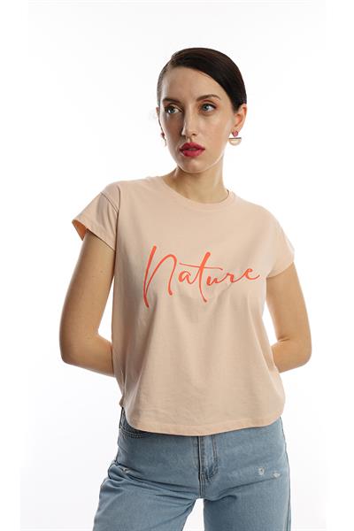 Kadın Nature Yazı Baskılı Crop Tişört Bej
