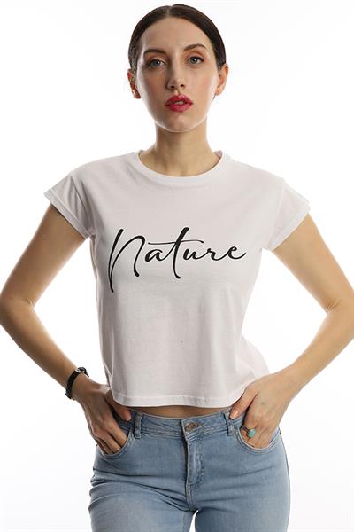 Kadın Nature Yazı Baskılı Crop Tişört Beyaz