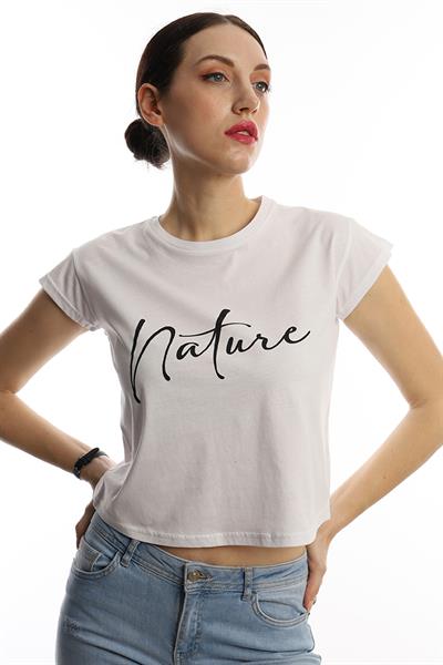 Kadın Nature Yazı Baskılı Crop Tişört Beyaz