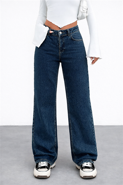 Kadın Normal Bel Geniş Paça Yıldız Nakışlı Lacivert Jean Pantolon