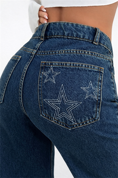 Kadın Normal Bel Geniş Paça Yıldız Nakışlı Lacivert Jean Pantolon