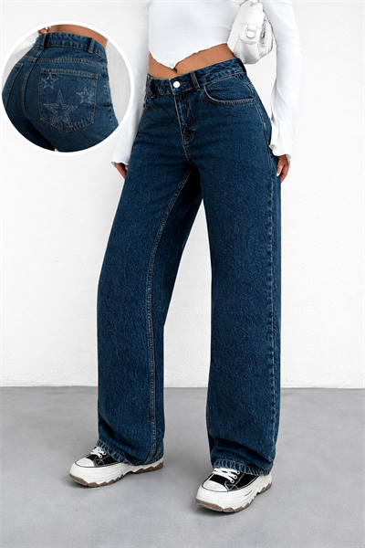 Kadın Normal Bel Geniş Paça Yıldız Nakışlı Lacivert Jean Pantolon