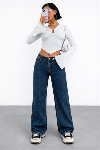 Kadın Normal Bel Geniş Paça Yıldız Nakışlı Lacivert Jean Pantolon