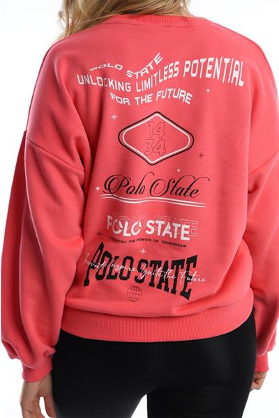 Kadın Ön Arka Polo State Baskılı 3 İplik Sweat  Fuşya