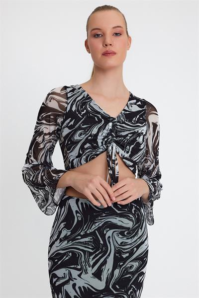 Kadın Ön Astarlı Mesh Crop Bluz Siyah
