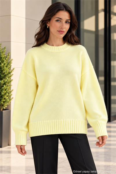 Kadın Oversize Bisiklet Yaka Basic Triko Kazak - Sarı Sarı