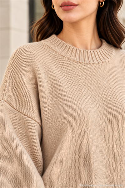 Kadın Oversize Bisiklet Yaka Basic Triko Kazak - Bej Bej