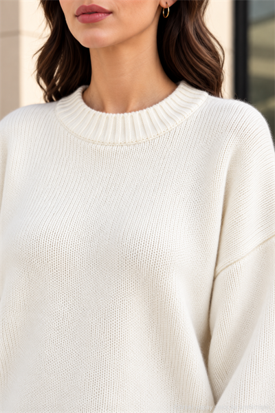Kadın Oversize Bisiklet Yaka Basic Triko Kazak - Ekru Ekru