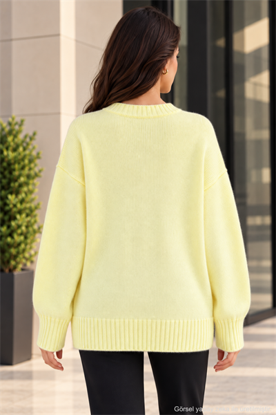 Kadın Oversize Bisiklet Yaka Basic Triko Kazak - Sarı Sarı