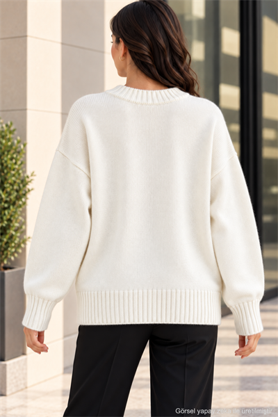 Kadın Oversize Bisiklet Yaka Basic Triko Kazak - Ekru Ekru