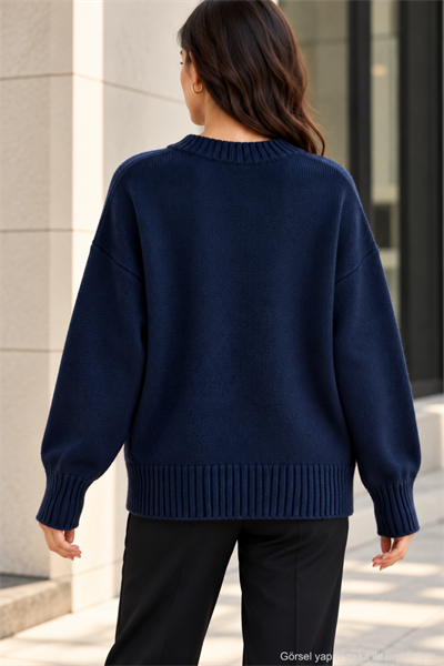 Kadın Oversize Bisiklet Yaka Basic Triko Kazak - Lacivert Lacivert