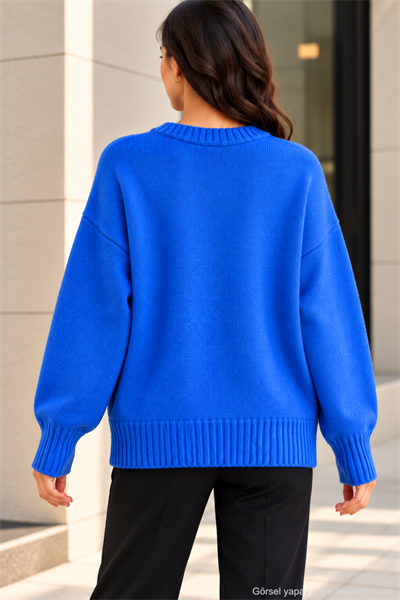Kadın Oversize Bisiklet Yaka Basic Triko Kazak - Saks Saks