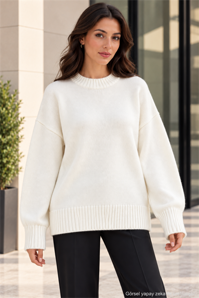 Kadın Oversize Bisiklet Yaka Basic Triko Kazak - Ekru Ekru