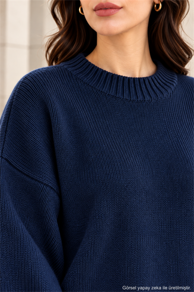 Kadın Oversize Bisiklet Yaka Basic Triko Kazak - Lacivert Lacivert