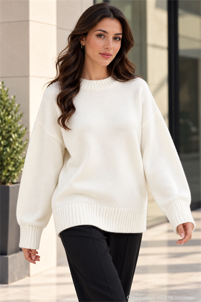 Kadın Oversize Bisiklet Yaka Basic Triko Kazak - Ekru Ekru