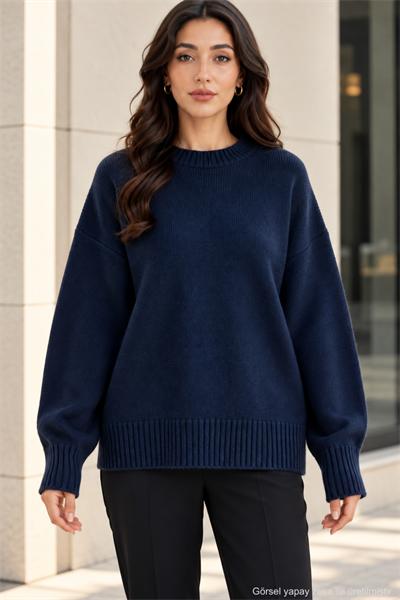 Kadın Oversize Bisiklet Yaka Basic Triko Kazak - Lacivert Lacivert