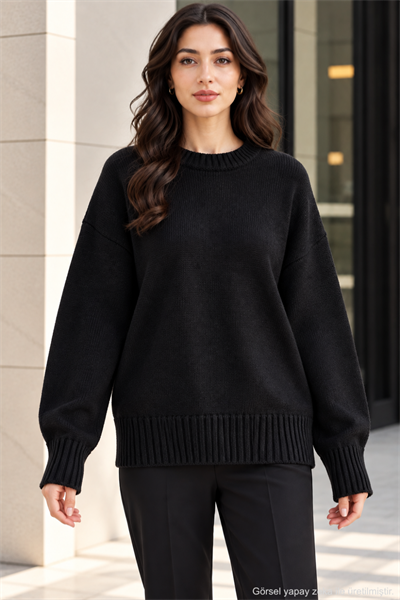 Kadın Oversize Bisiklet Yaka Basic Triko Kazak - Siyah Siyah