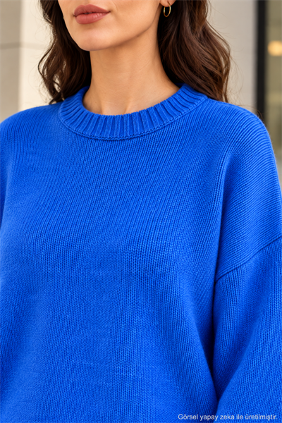 Kadın Oversize Bisiklet Yaka Basic Triko Kazak - Saks Saks