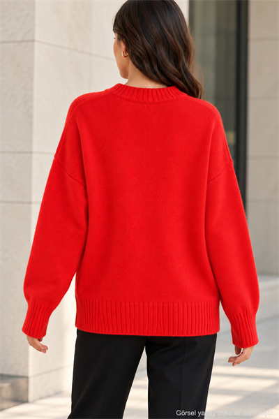 Kadın Oversize Bisiklet Yaka Basic Triko Kazak - Kırmızı Kırmızı