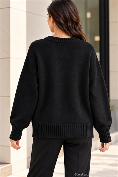 Kadın Oversize Bisiklet Yaka Basic Triko Kazak - Siyah Siyah