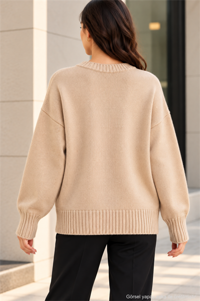 Kadın Oversize Bisiklet Yaka Basic Triko Kazak - Bej Bej