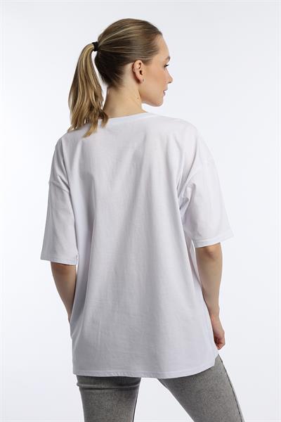 Kadın Oversize Bisiklet Yaka Tişört Beyaz