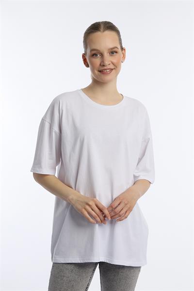 Kadın Oversize Bisiklet Yaka Tişört Beyaz