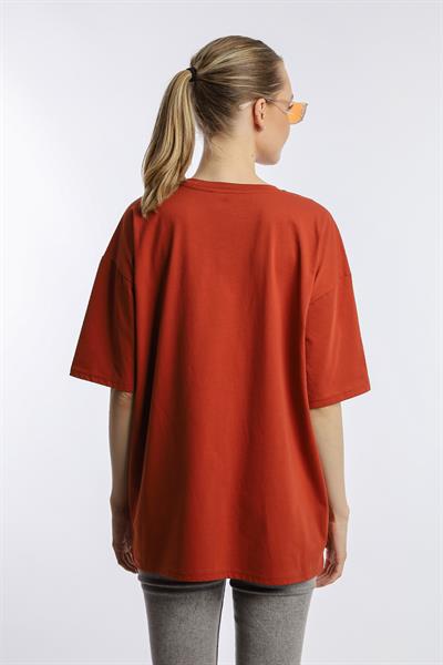 Kadın Oversize Bisiklet Yaka Tişört Kiremit