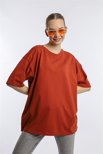 Kadın Oversize Bisiklet Yaka Tişört Kiremit