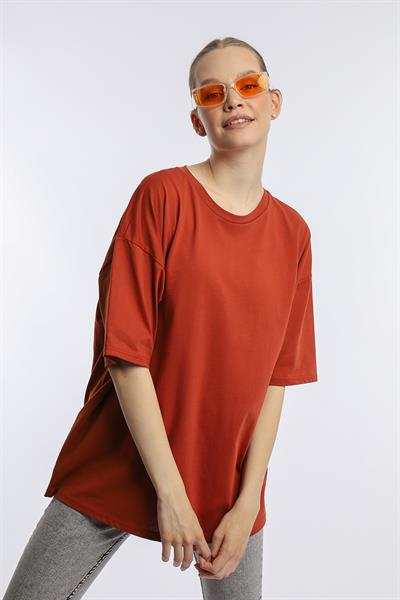 Kadın Oversize Bisiklet Yaka Tişört Kiremit