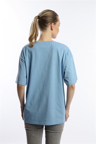 Kadın Oversize Bisiklet Yaka Tişört Mavi
