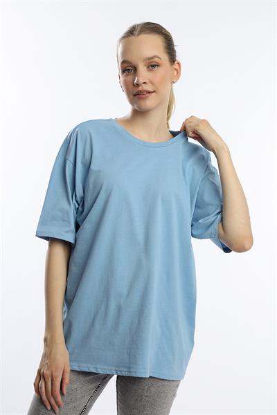 Kadın Oversize Bisiklet Yaka Tişört Mavi