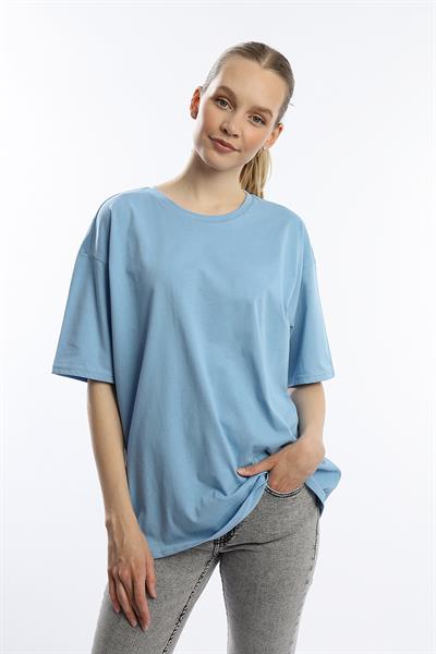 Kadın Oversize Bisiklet Yaka Tişört Mavi