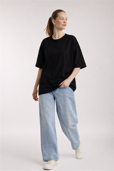 Kadın Oversize Bisiklet Yaka Tişört Siyah