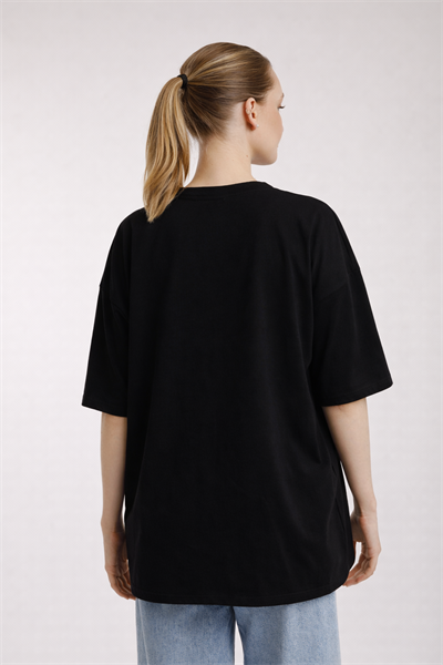 Kadın Oversize Bisiklet Yaka Tişört Siyah