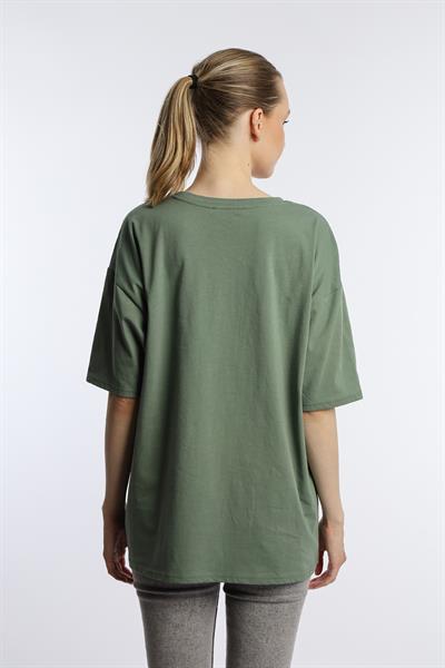 Kadın Oversize Bisiklet Yaka Tişört Yeşil