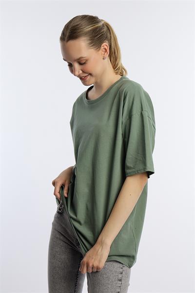 Kadın Oversize Bisiklet Yaka Tişört Yeşil