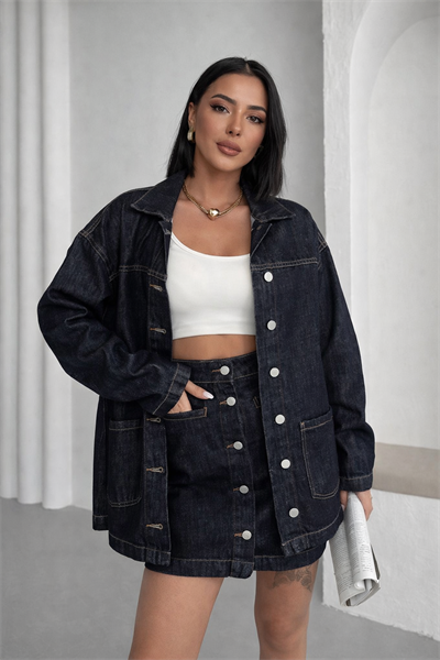 Kadın Oversize Denim Ceket & Düğmeli Kot Etek Takım