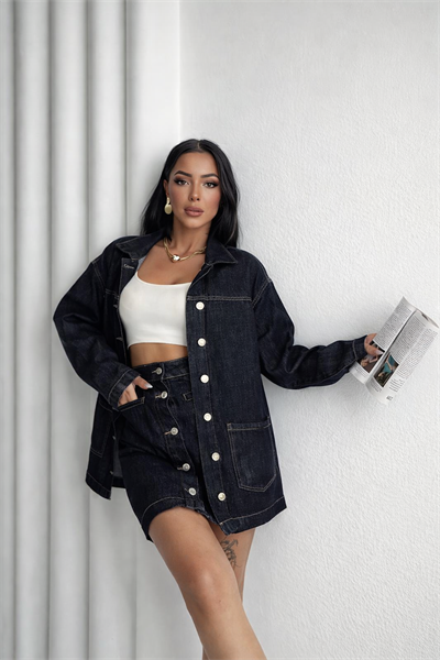Kadın Oversize Denim Ceket & Düğmeli Kot Etek Takım
