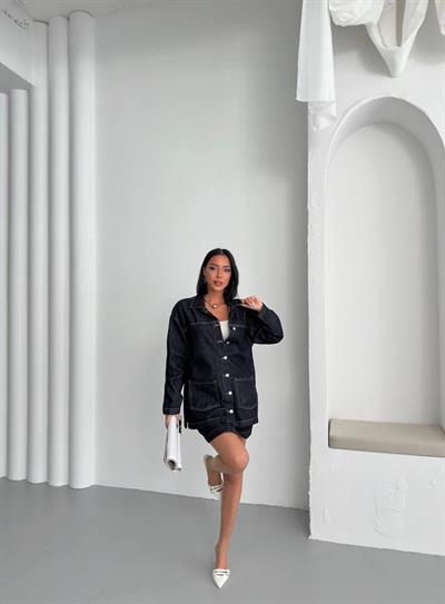 Kadın Oversize Denim Ceket & Düğmeli Kot Etek Takım