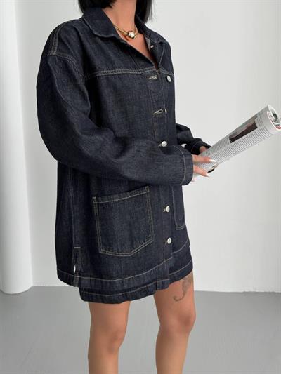 Kadın Oversize Denim Ceket & Düğmeli Kot Etek Takım