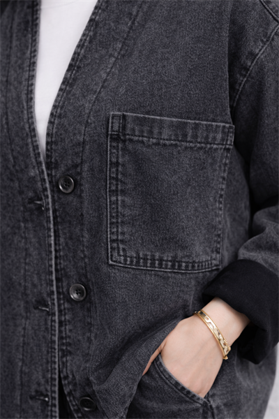 Kadın Oversize Denim Takım Bol Paça Pantolonlu Günlük Jean Takım Antrasit