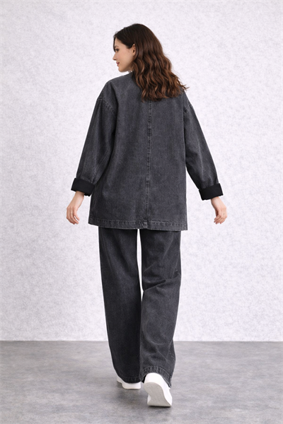 Kadın Oversize Denim Takım Bol Paça Pantolonlu Günlük Jean Takım Antrasit