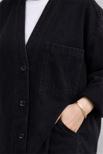 Kadın Oversize Denim Takım Bol Paça Pantolonlu Günlük Jean Takım Siyah