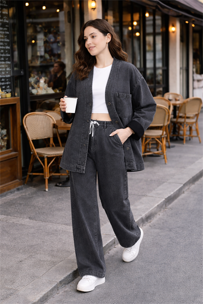 Kadın Oversize Denim Takım Bol Paça Pantolonlu Günlük Jean Takım Antrasit