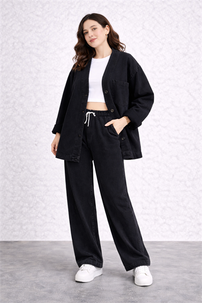 Kadın Oversize Denim Takım Bol Paça Pantolonlu Günlük Jean Takım Siyah